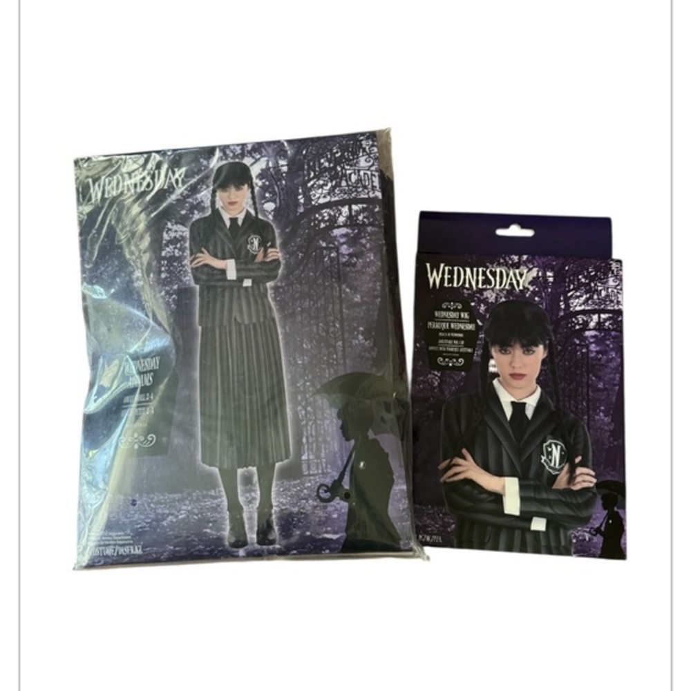 WEDNESDAY ADDAMS School Uniform Halloween Costume Dress Blazer and wig adult Sm